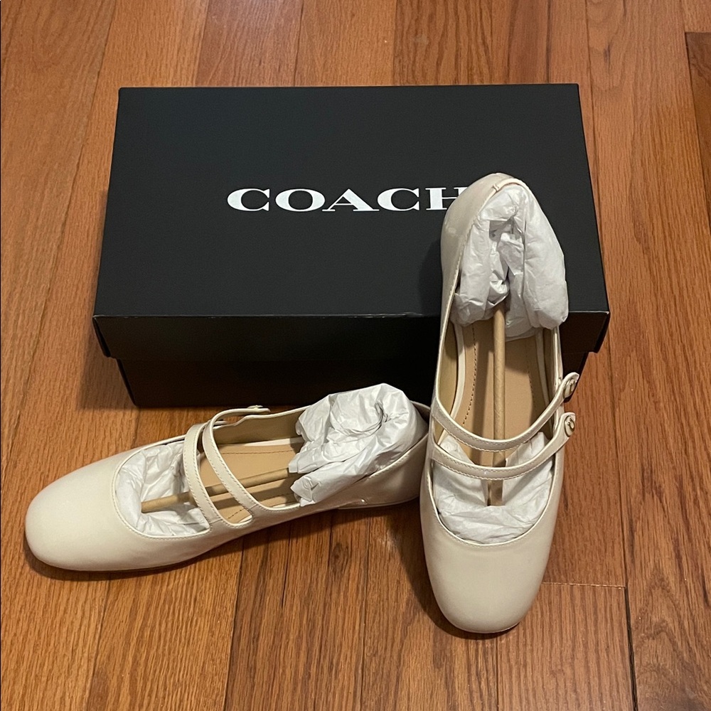 Coach Cream Double-Strap Mary Jane Flats